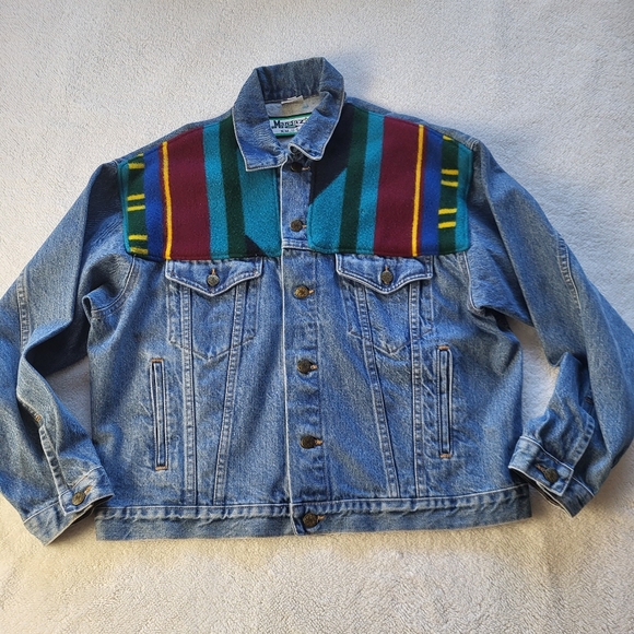 Margaz Designs New Mexico Jackets & Blazers - Margaz Vintage Native American Vibe Wool Blanket Denim Jacket Size Medium